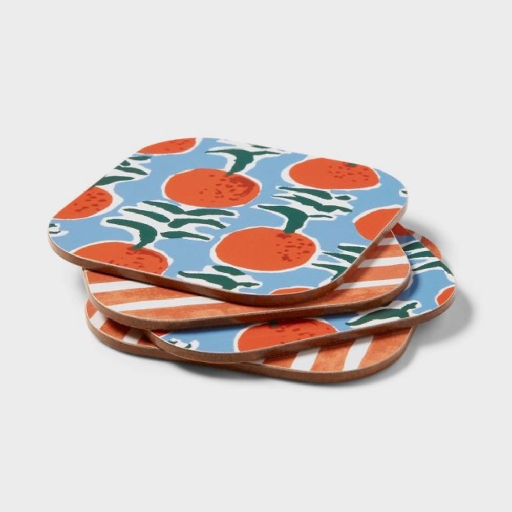 Threshold Target Wooden Cork Orange and Stripped 4 Pack Coasters NWT